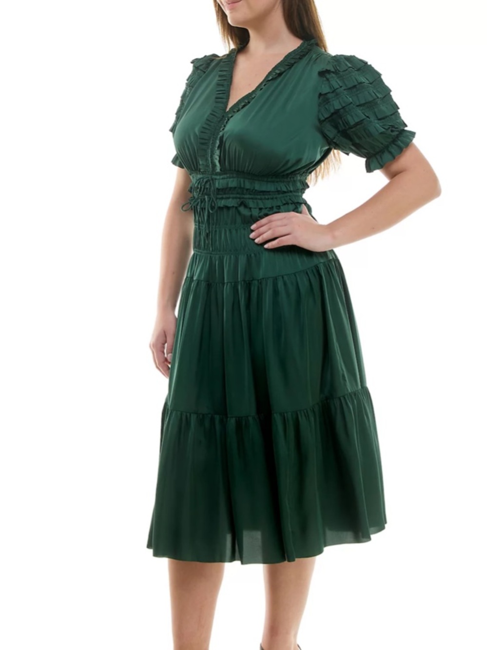 Nanette Lepore Size 8 Hunter Green Smocked V Neck Midi Dress